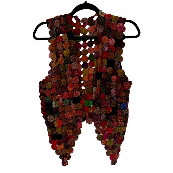 Vintage Handmade Yo-yo Brown Multicolor Boho Patchwork Vest OOAK - Picture 2 of 10